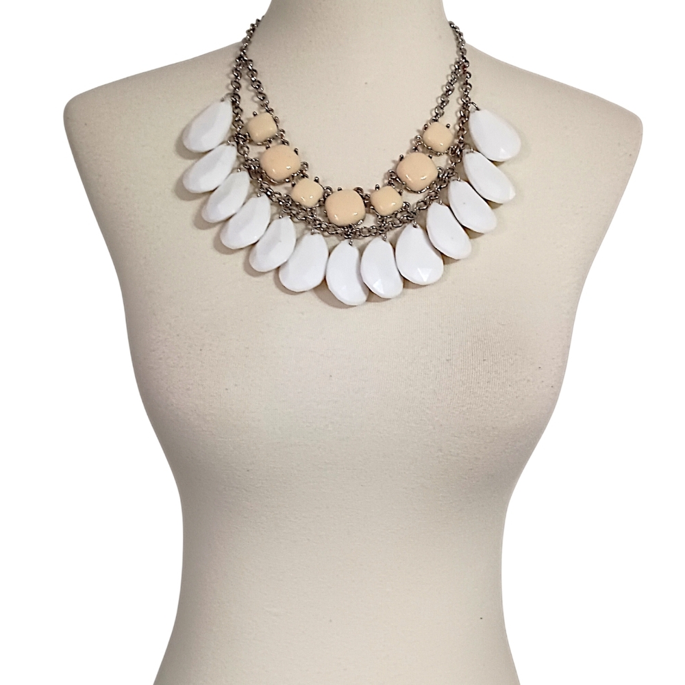 Y2K White Teardrop Statement Bib Necklace‎ Cream Beads Silver Tone Chunky Boho